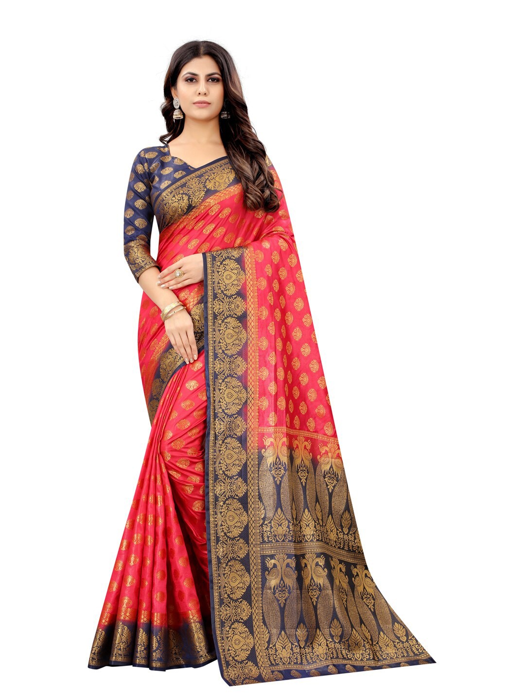 

PERFECT WEAR Red & Navy Blue Woven Design Zari Silk Cotton Banarasi Saree