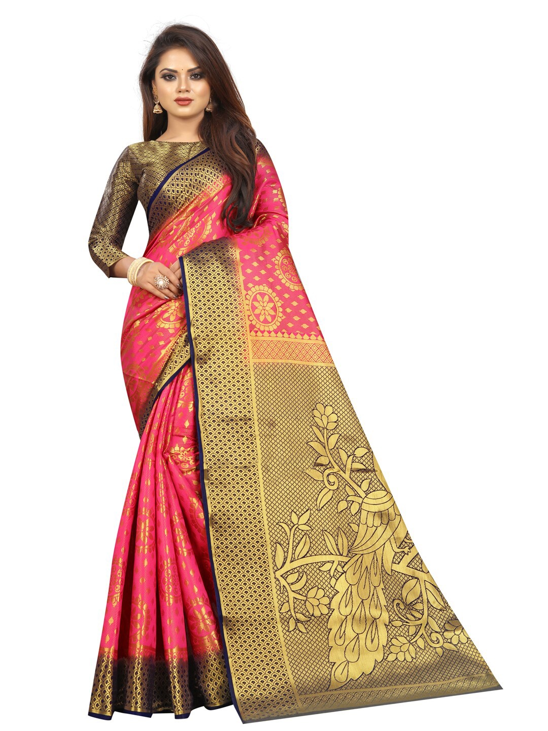 

PERFECT WEAR Pink & Navy Blue Floral Zari Silk Cotton Banarasi Saree