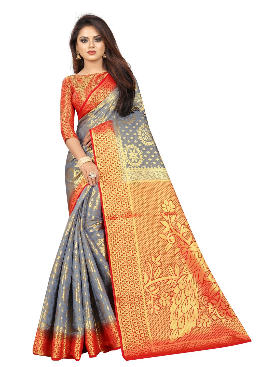 

PERFECT WEAR Grey & Red Woven Design Zari Silk Cotton Banarasi Saree