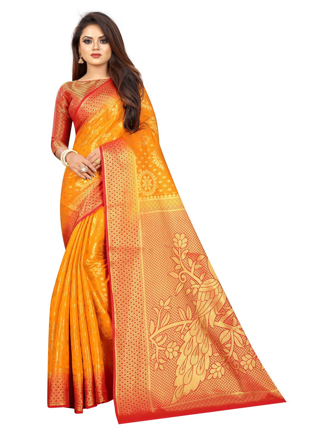 

PERFECT WEAR Orange & Red Ethnic Motifs Zari Banarasi Saree