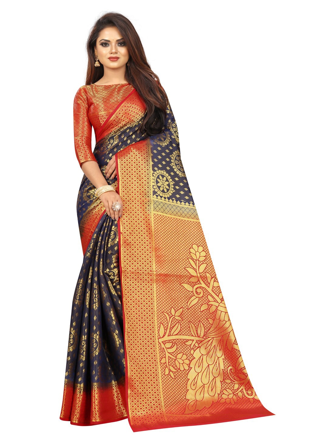 

PERFECT WEAR Blue & Red Woven Design Zari Silk Cotton Banarasi Saree