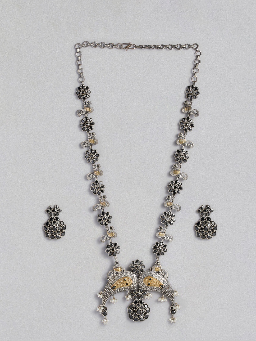 

MIDASKART Dual Toned & Black CZ-Studded Jewellery Set, Silver