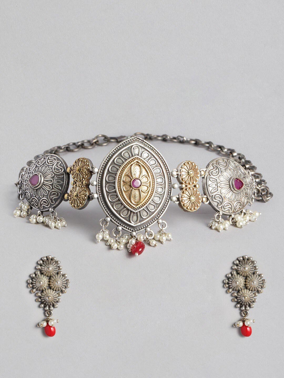 

MIDASKART Silver-Toned CZ Stone-Studded Jewellery Set