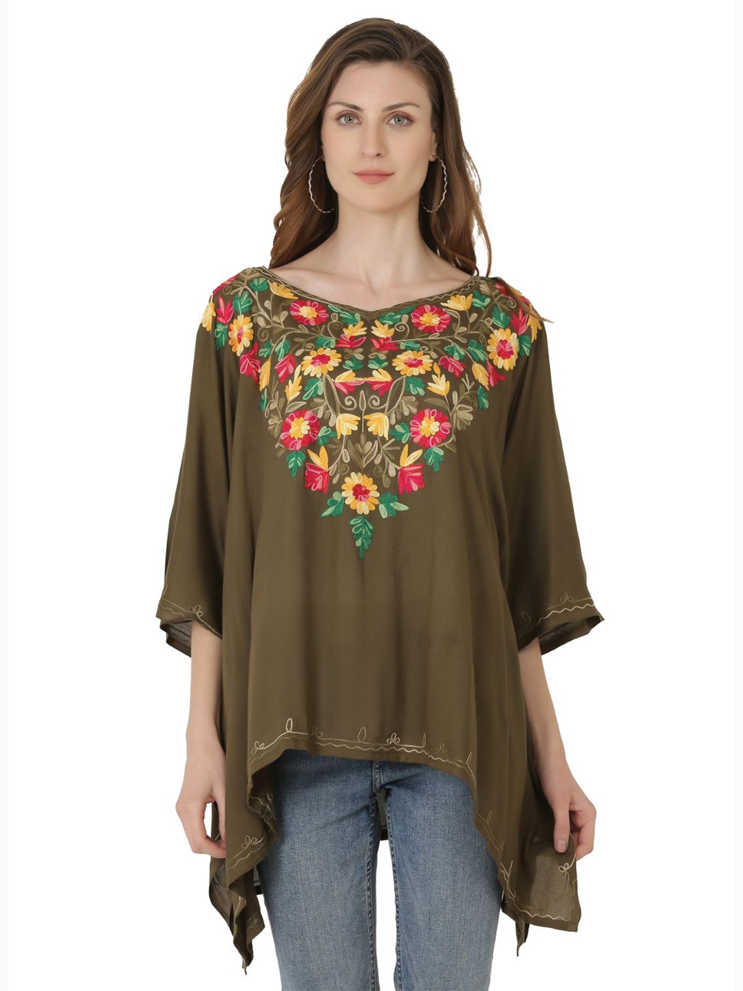 

SAAKAA Women Olive Green Floral Embroidered Kaftan Top