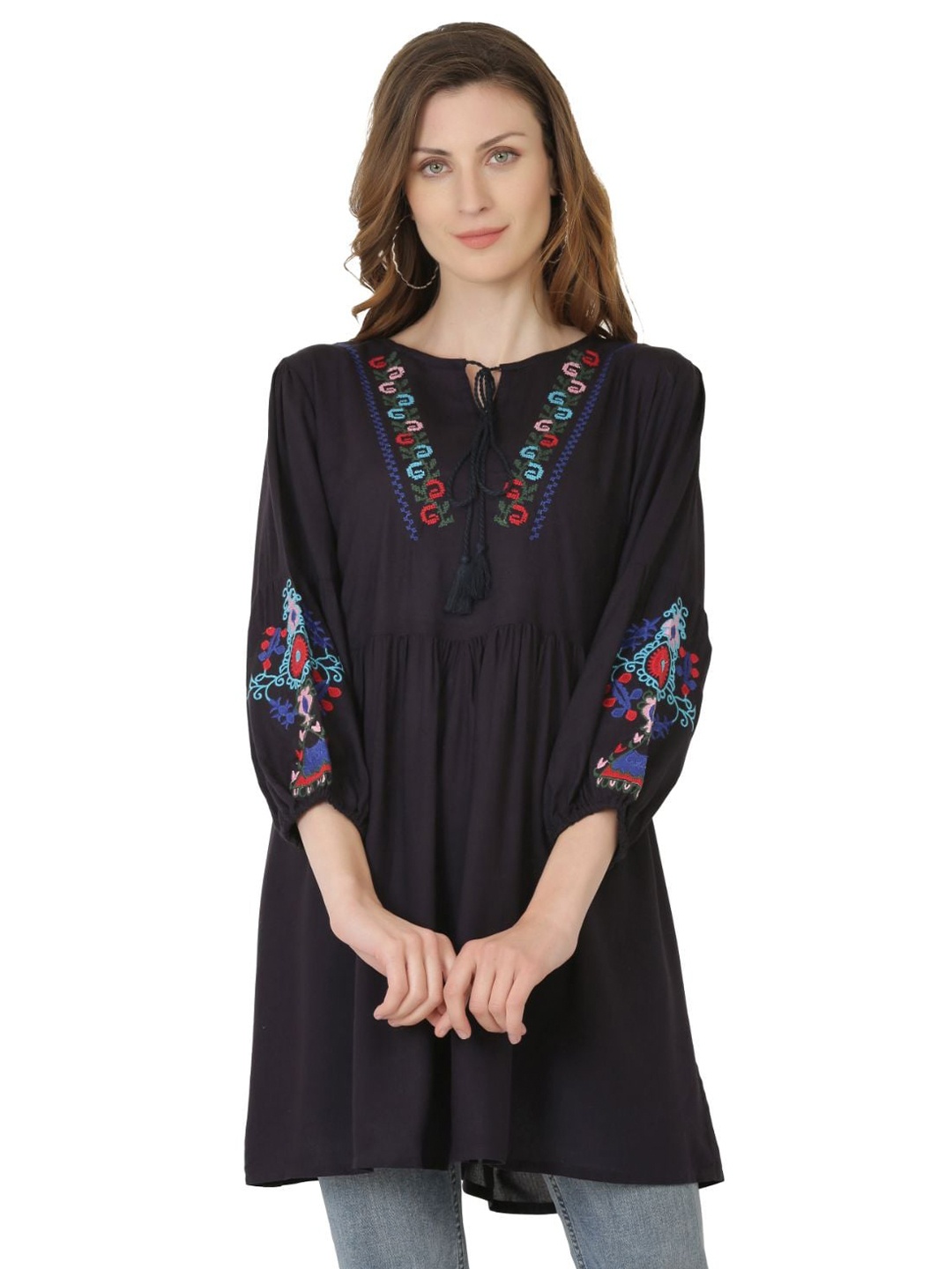 

SAAKAA Women Navy Blue Geometric Embroidered Top