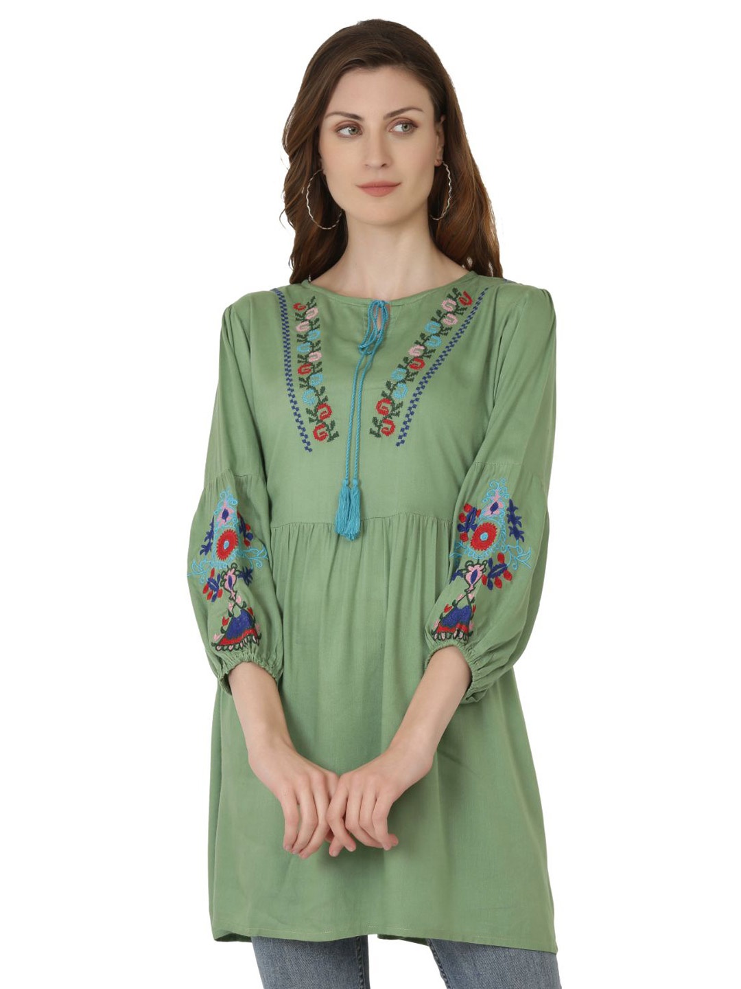 

SAAKAA Women Green Geometric Embroidered Top