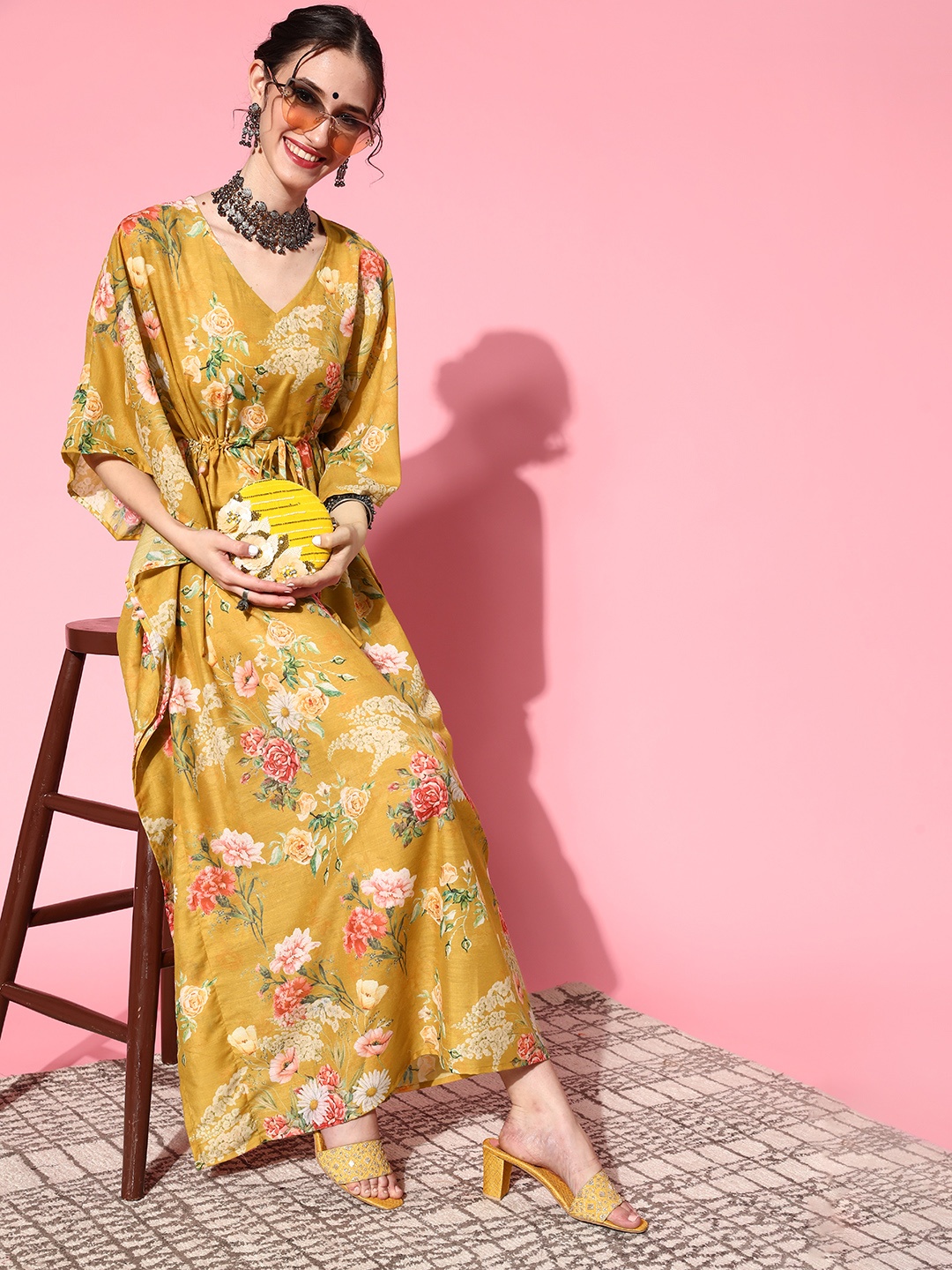 

Rang Gali Mustard Yellow & Pink Floral Organic Cotton Kaftan Maxi Dress