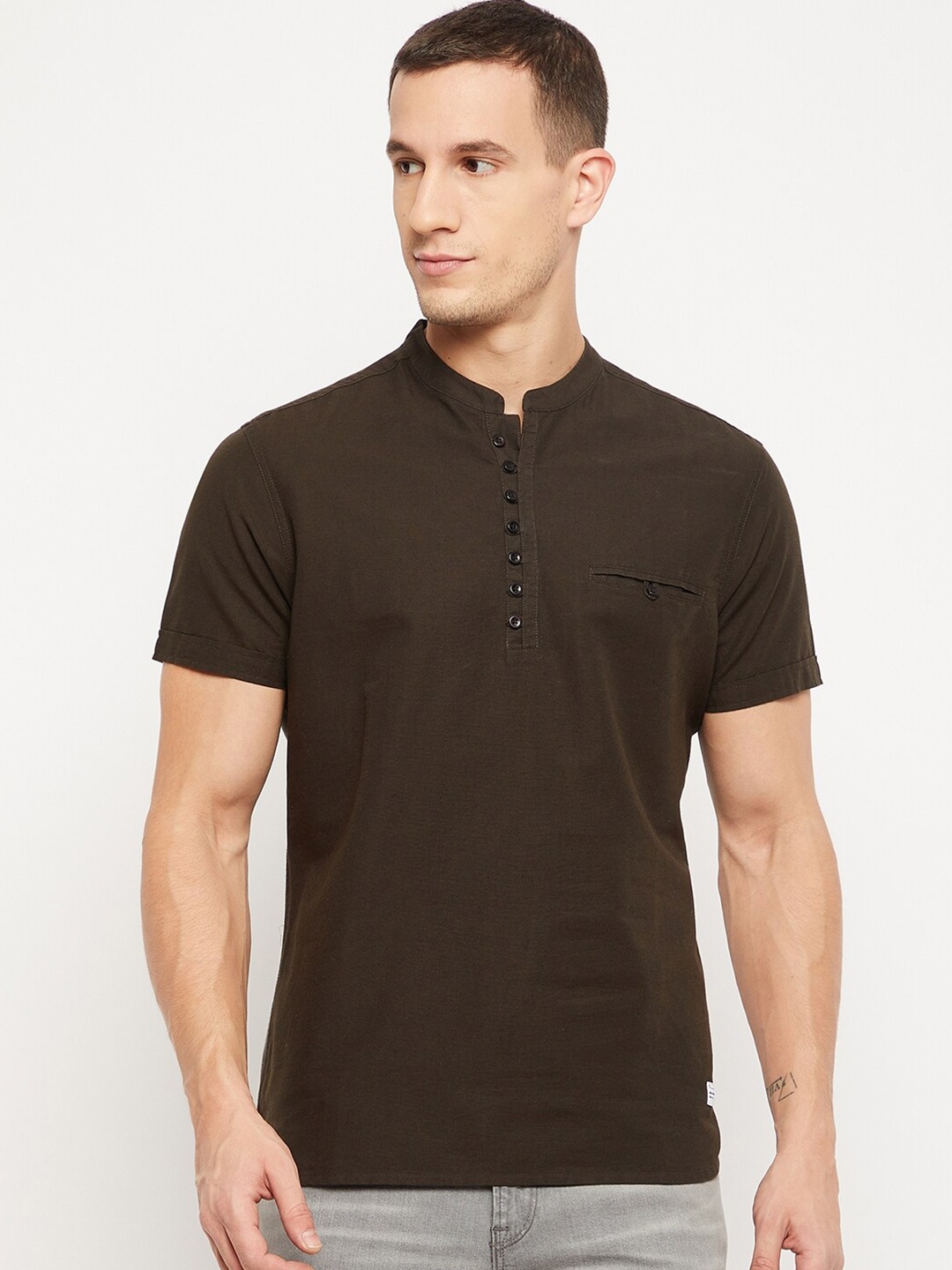 

Octave Men Olive Green Solid Mandarin Collar Cotton T-shirt