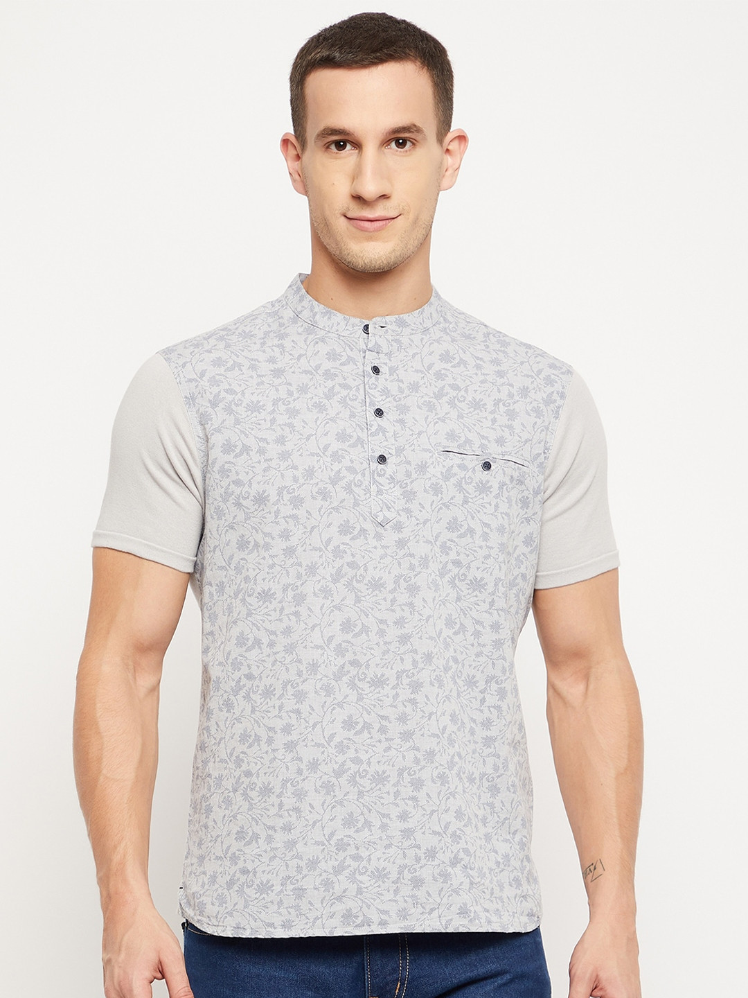 

Octave Men Grey Floral Printed Mandarin Collar Pure Cotton T-shirt