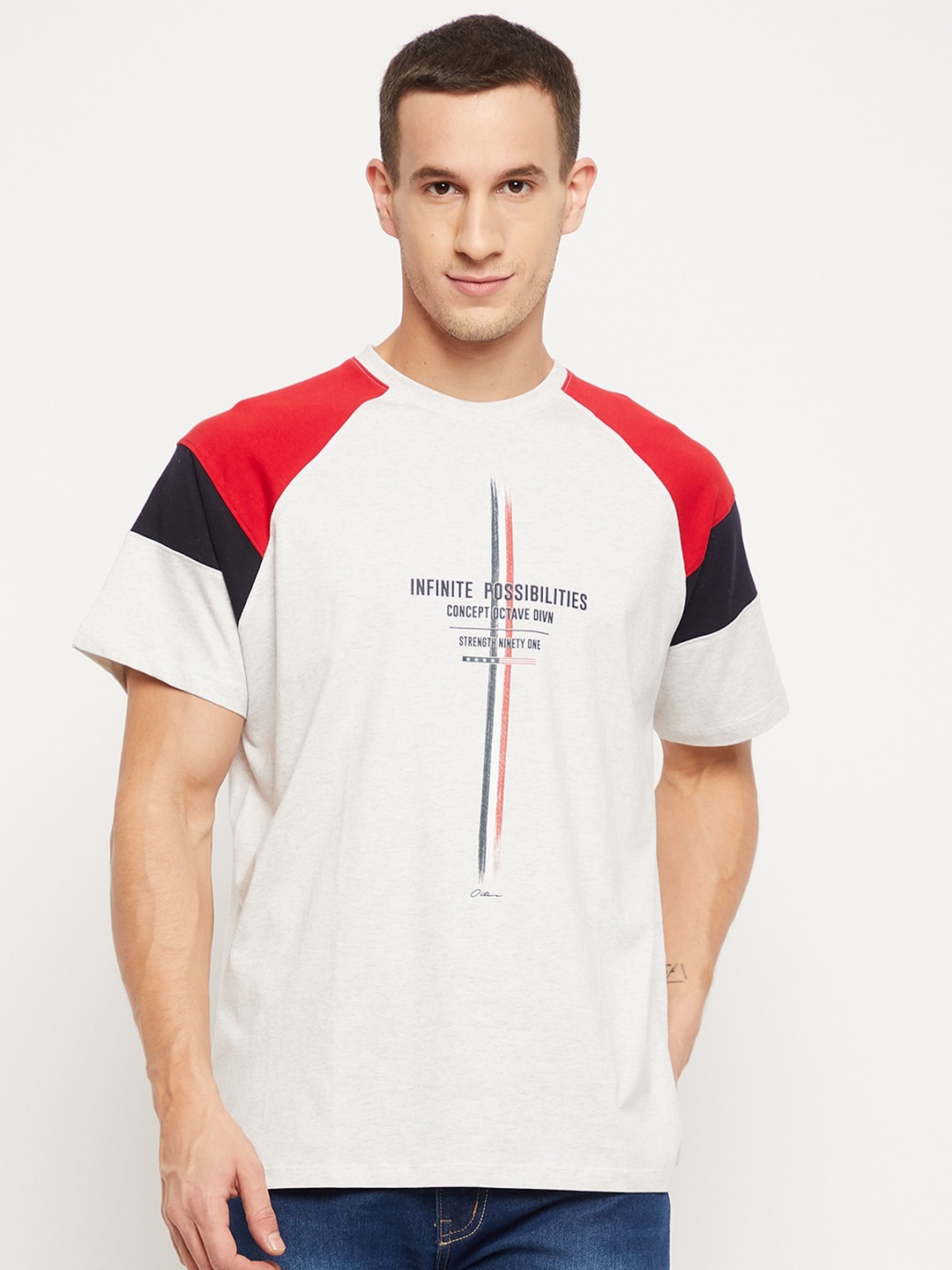 

Octave Men Grey & Red Colourblocked Mandarin Collar Regular T-shirt