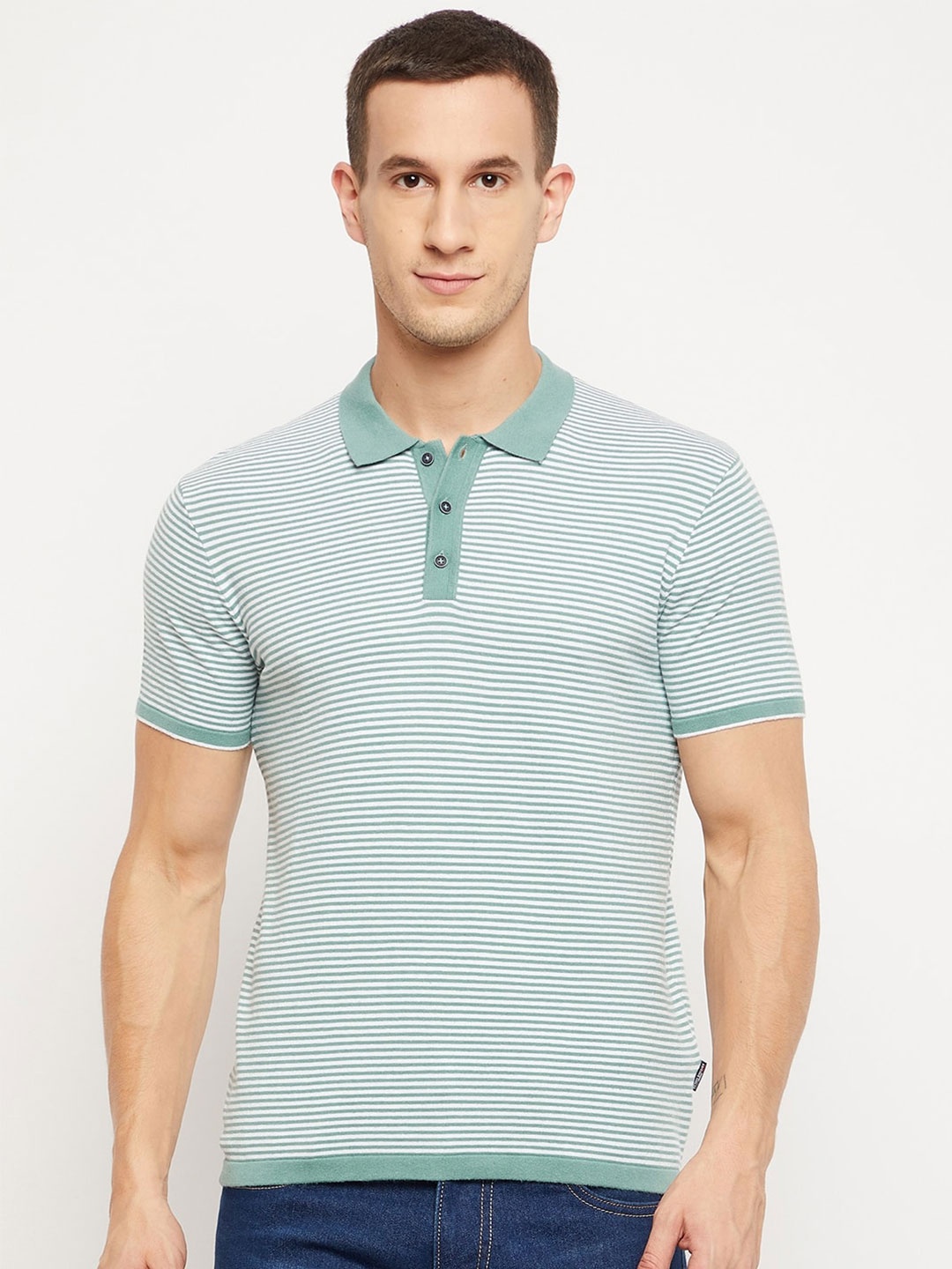 

Octave Men Sea Green Striped Polo Collar Cotton T-shirt