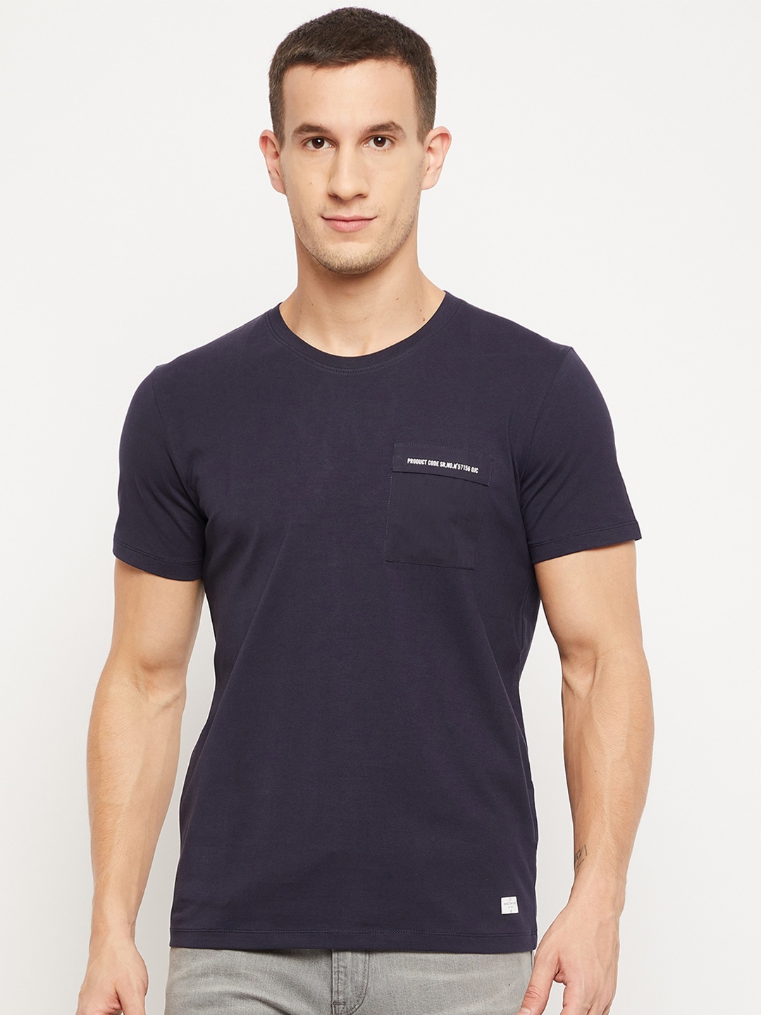 

Octave Men Navy Blue Solid Pocket Detail Cotton T-shirt