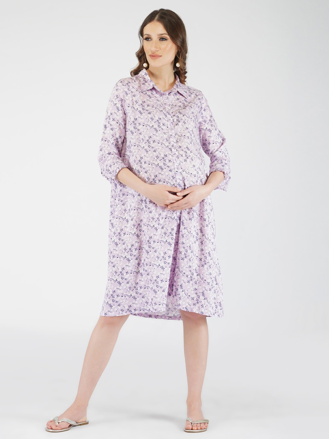 

Momsoon Maternity Purple & White Floral Printed Shirt Style Maternity Dress