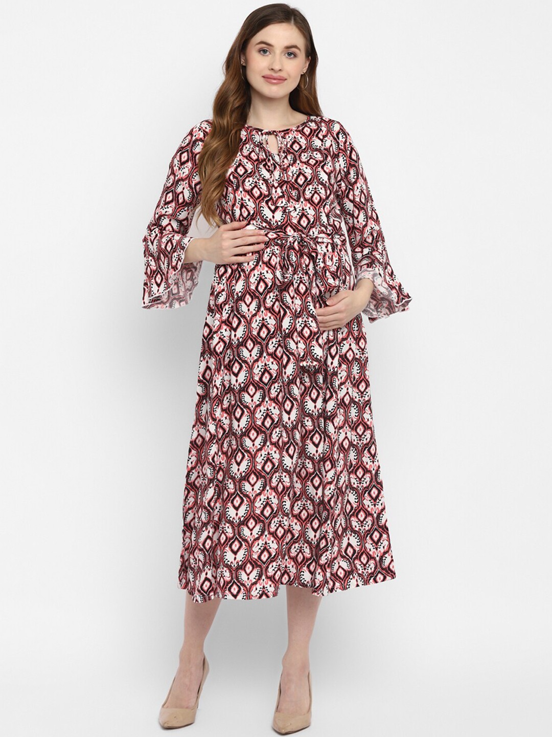 

Momsoon Maternity Women White & Maroon Keyhole Neck Midi Dress