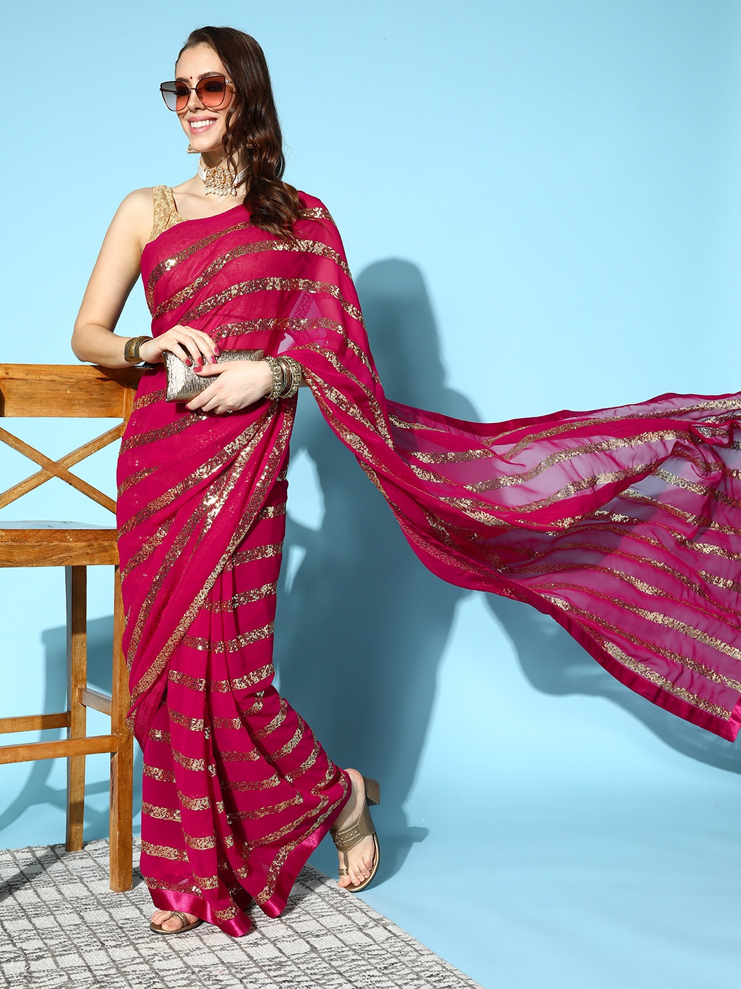 

Mitera Fuchsia Striped Sequinned Saree