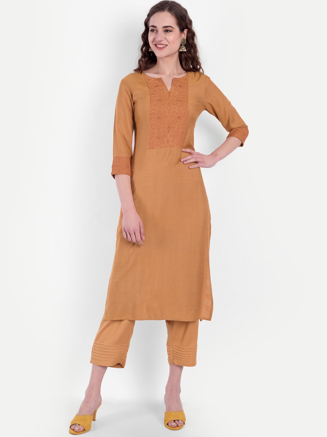 

SUTI Women Mustard Yellow Yoke Design Pure Cotton Kurta with Trousers