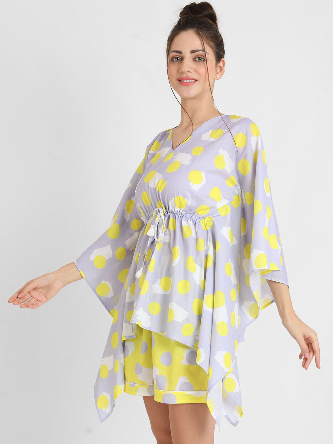 

KOOCHI POOCHI Women Grey & Yellow Printed V-neck Pure Cotton Night suit