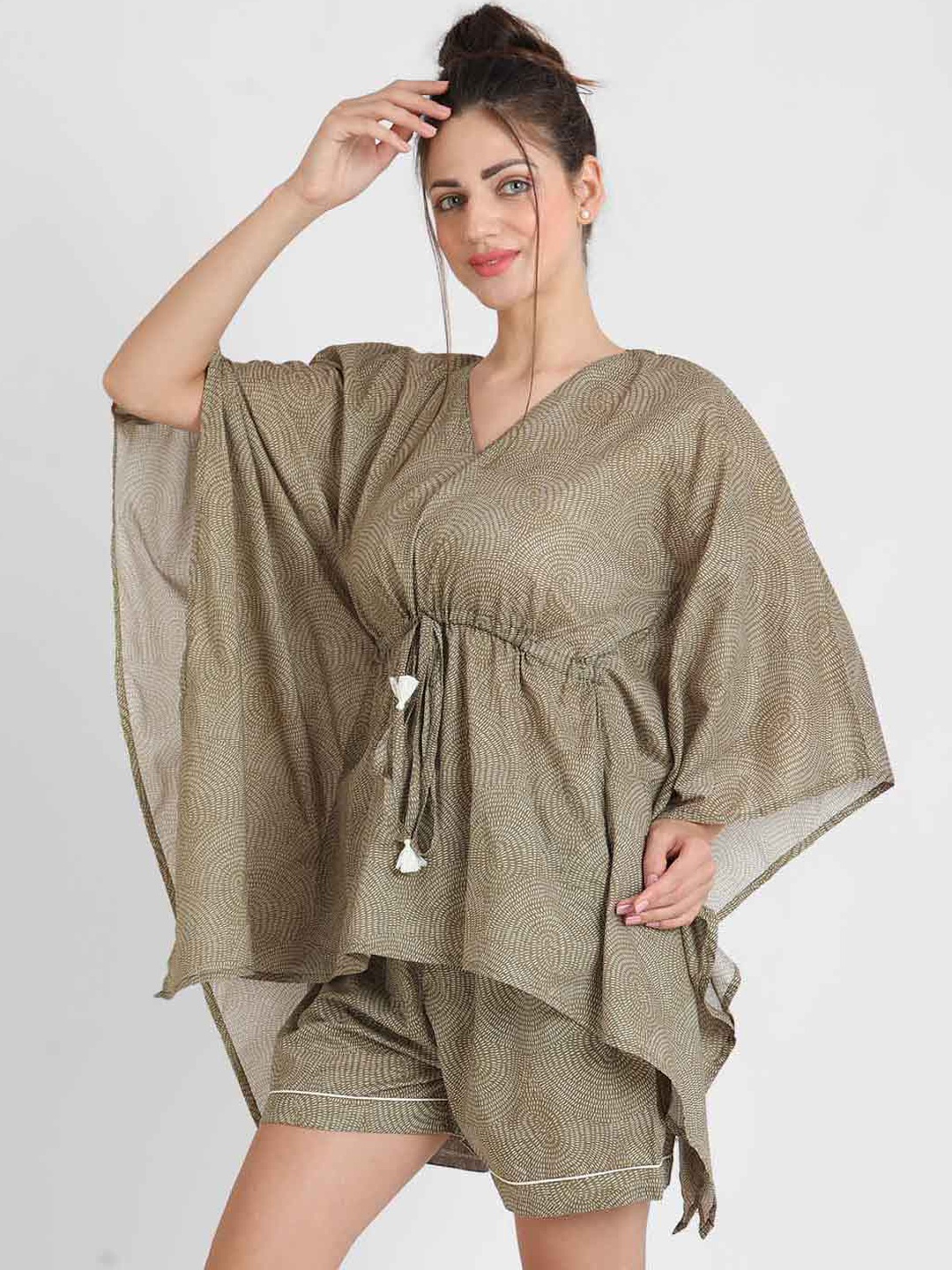 

KOOCHI POOCHI Women Brown Printed Pure Cotton Kaftan Night Suit