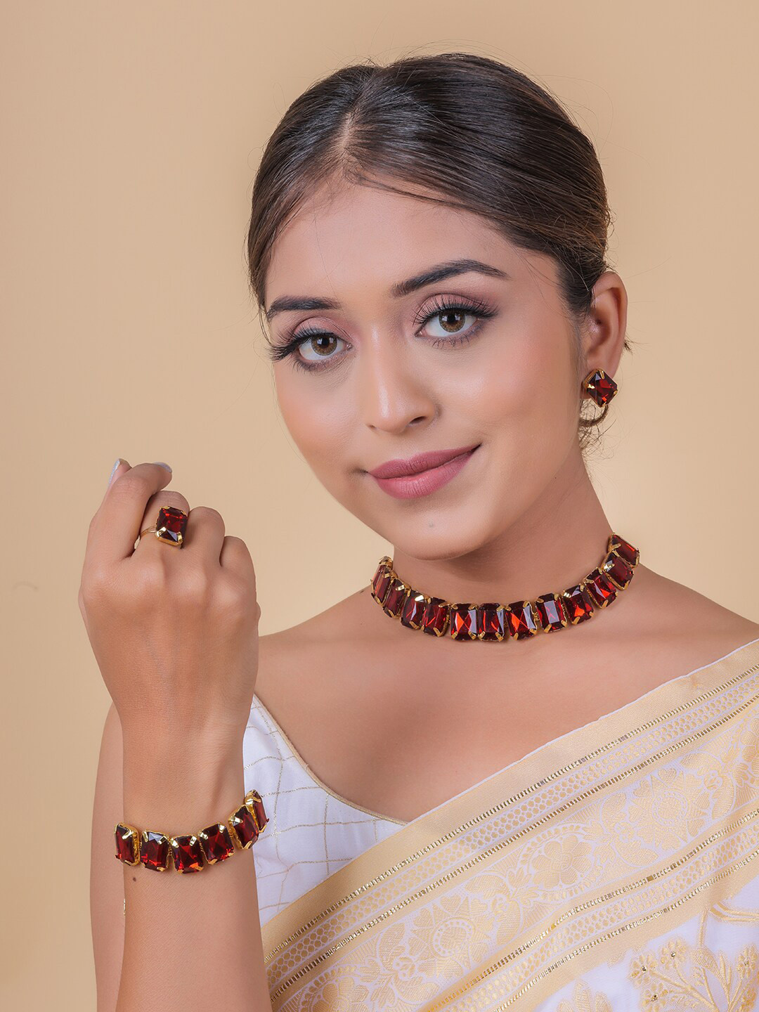 

Brandsoon Gold-Toned Red Crystal Stones Studded Jewellery Set
