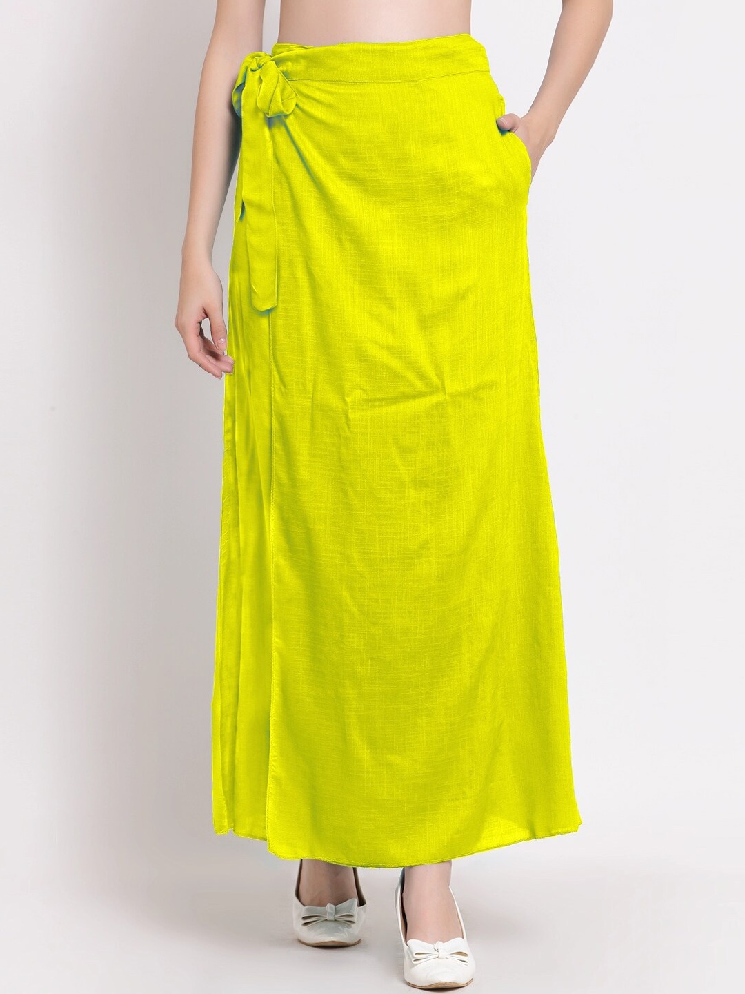 PATRORNA Women Plus Size Yellow Solid Wrap Maxi Skirt