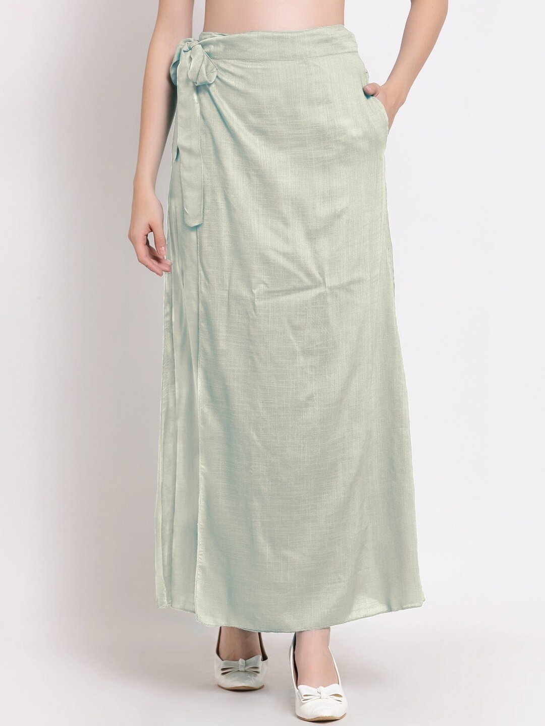PATRORNA Women Plus Size Off White Solid Wrap Maxi Skirt