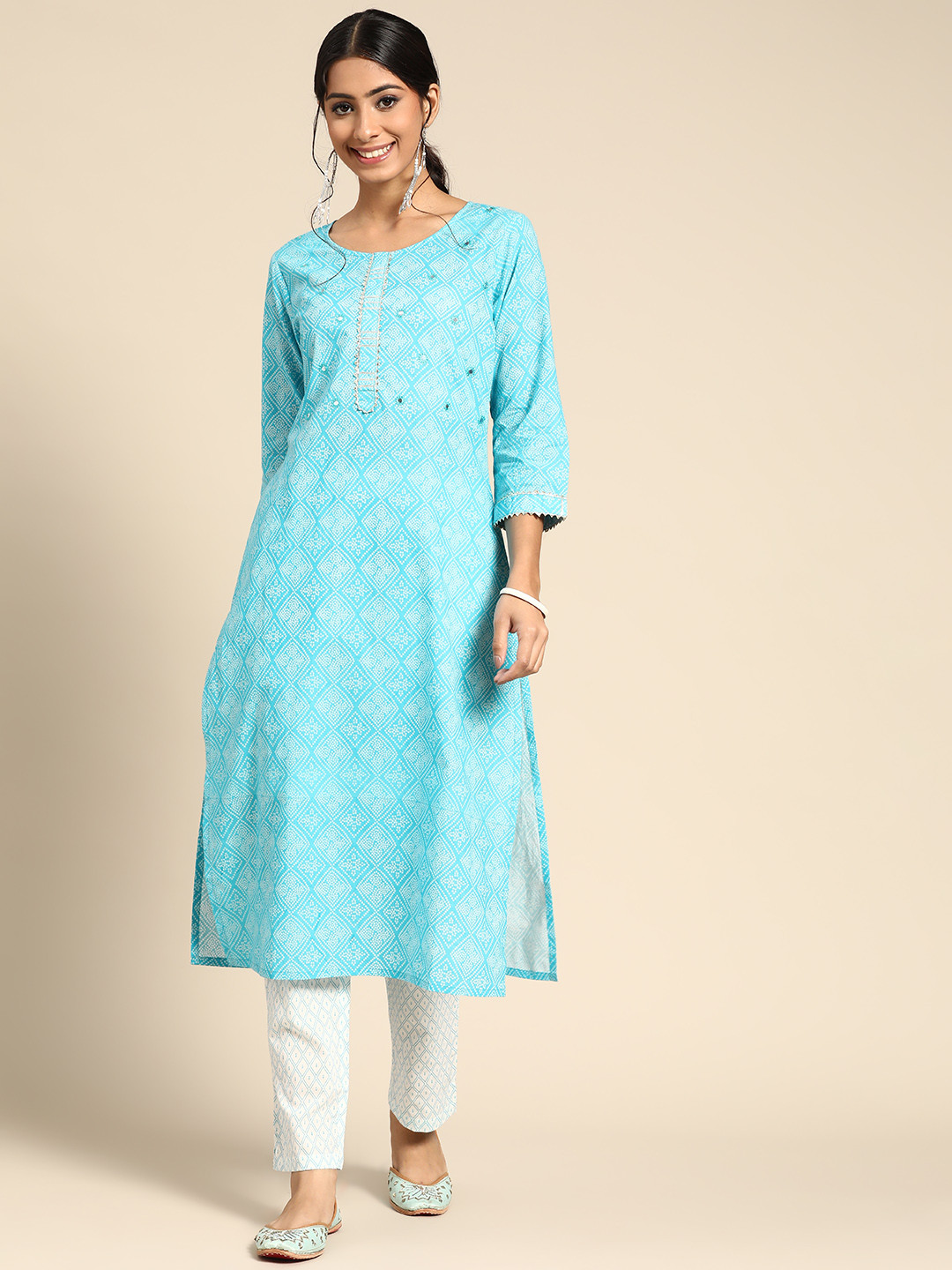 

Sangria Bandhani Printed Mirror Work Pure Cotton Kurta with Palazzos, Turquoise blue