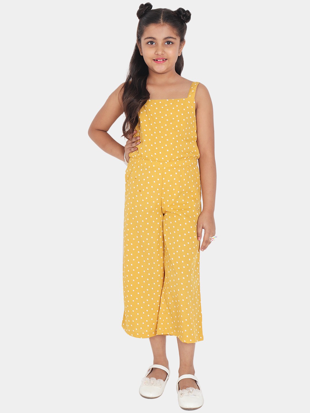 

YK Girls Yellow & White Polka Dots Printed Cropped Jumpsuit
