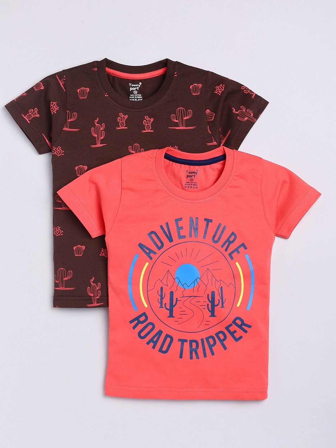

Toonyport Boys Brown & Coral Typography Printed T-shirt Pack Of 2