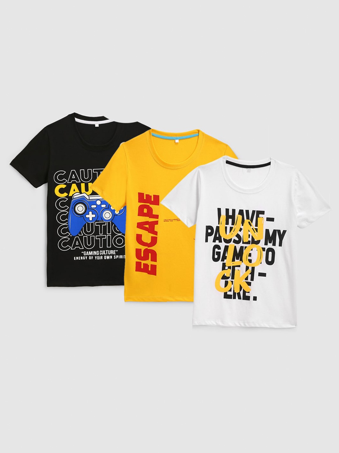 

KIDSCRAFT Boys Black & Yellow Printed T-shirt Pack Of 3