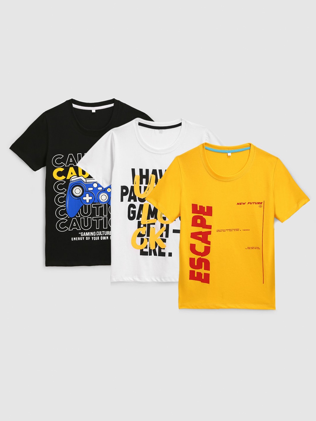 

KIDSCRAFT Boys Yellow & White Set Of 3 Printed Cotton T-shirt
