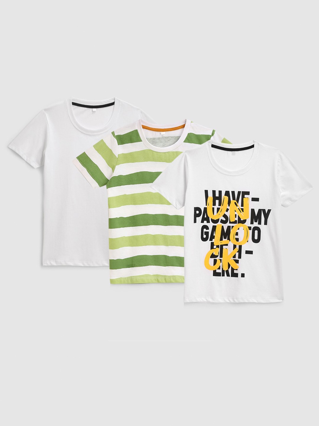 

KIDSCRAFT Boys White & Green Typography Printed T-shirt Pack Of 3
