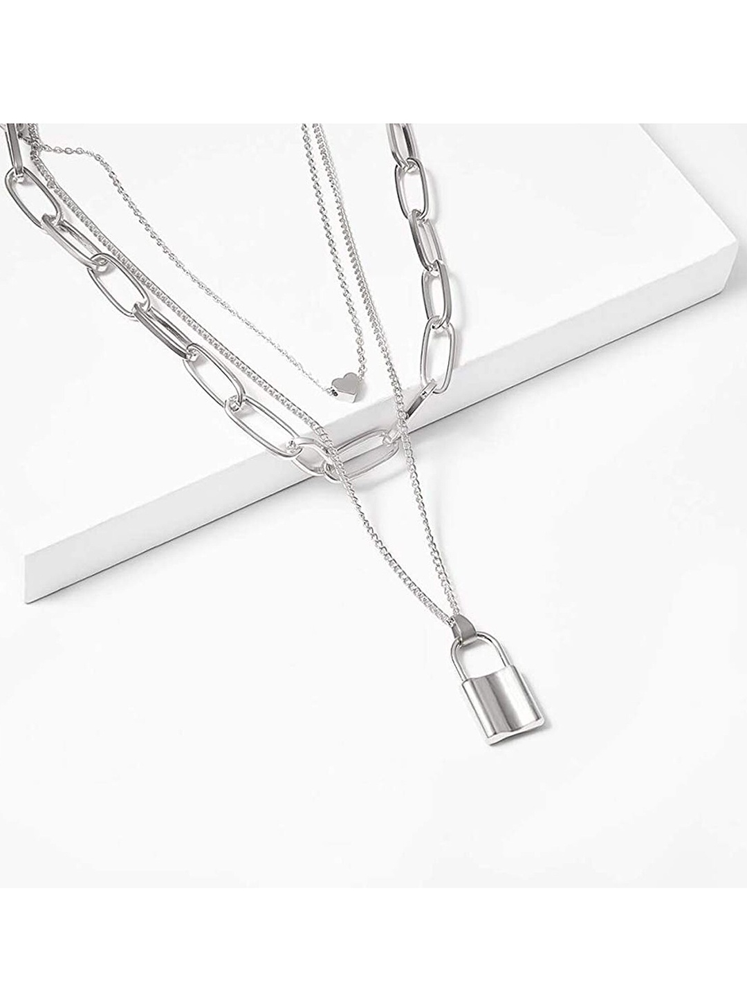 

Vembley Silver-Plated Heart Lock Pendant Triple Layered Necklace