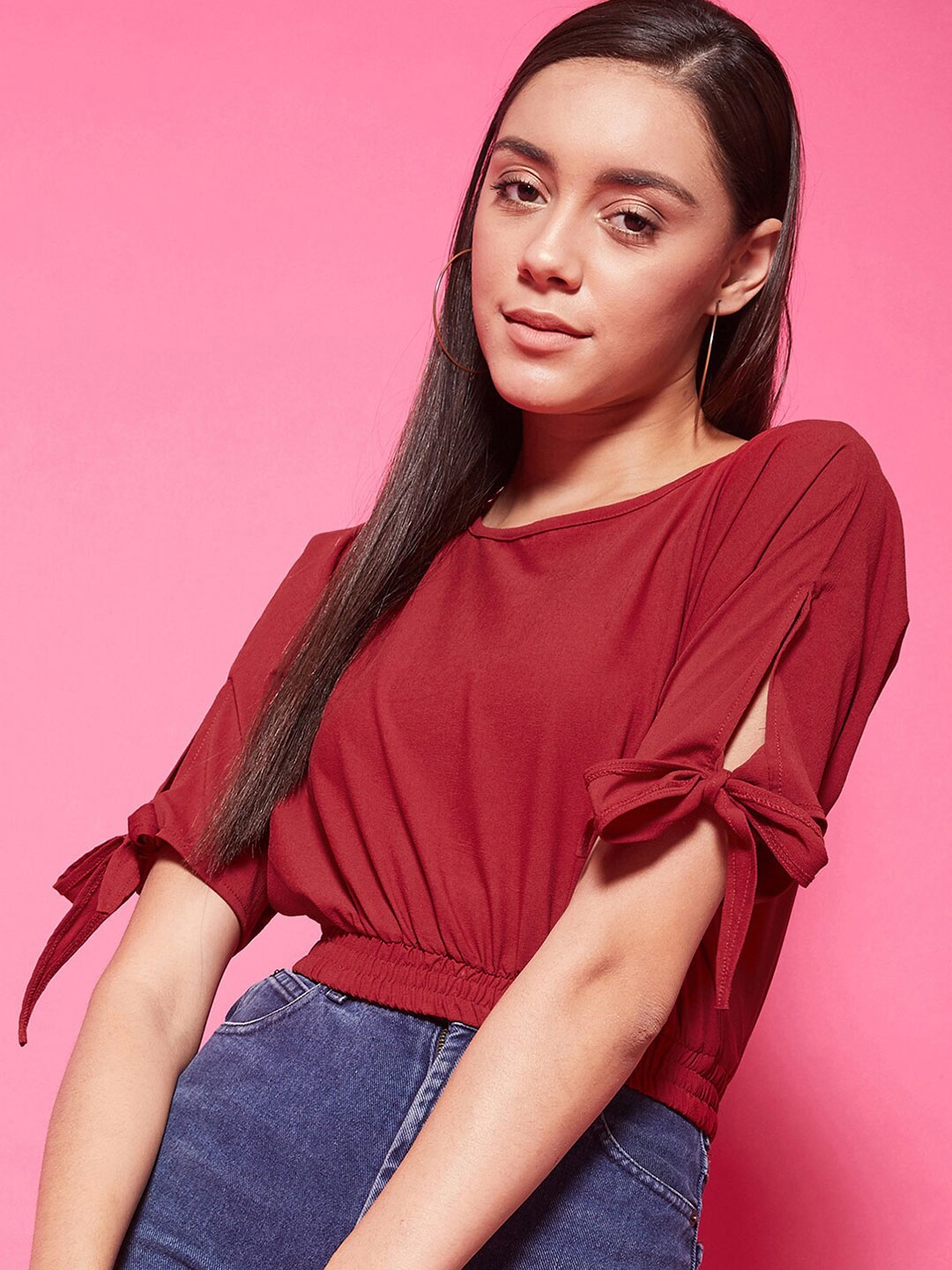 

CHIMPAAANZEE Women Maroon Cut Out Sleeve Crop Top