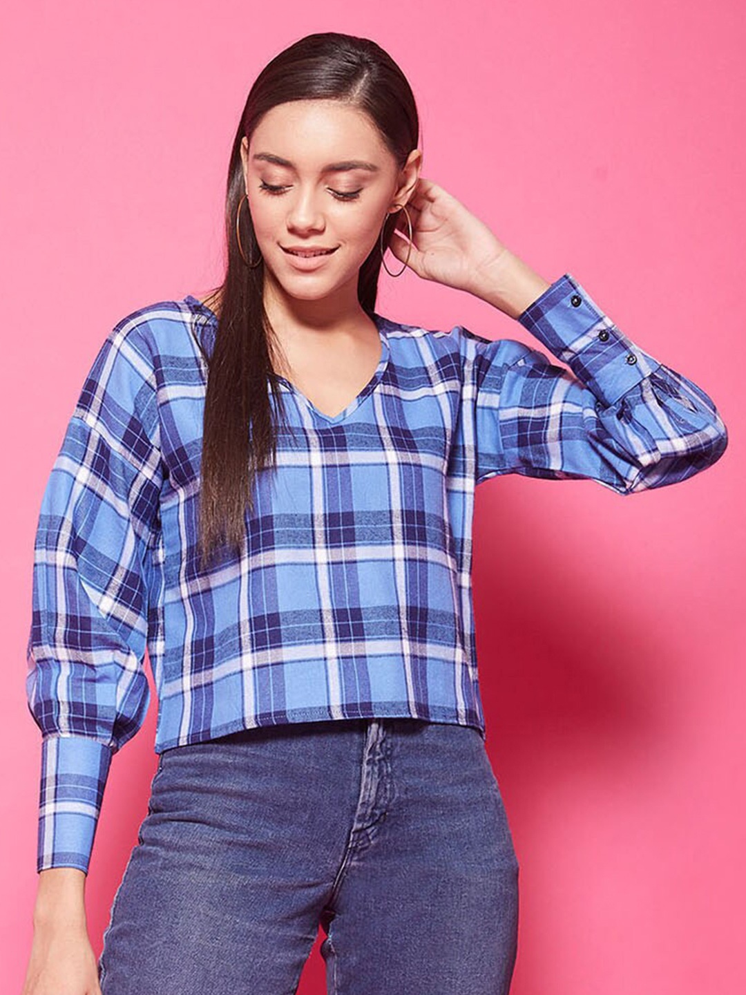 

CHIMPAAANZEE Women Blue Checked Crop Top