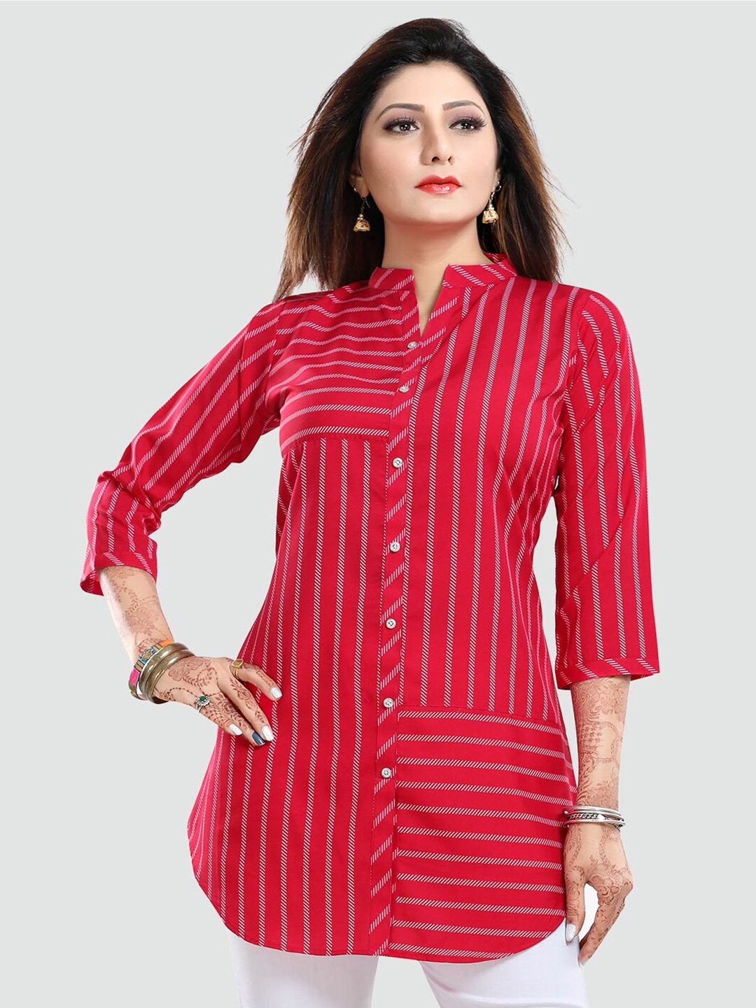 

Saree Swarg Pink & White Mandarin Collar Striped Tunic