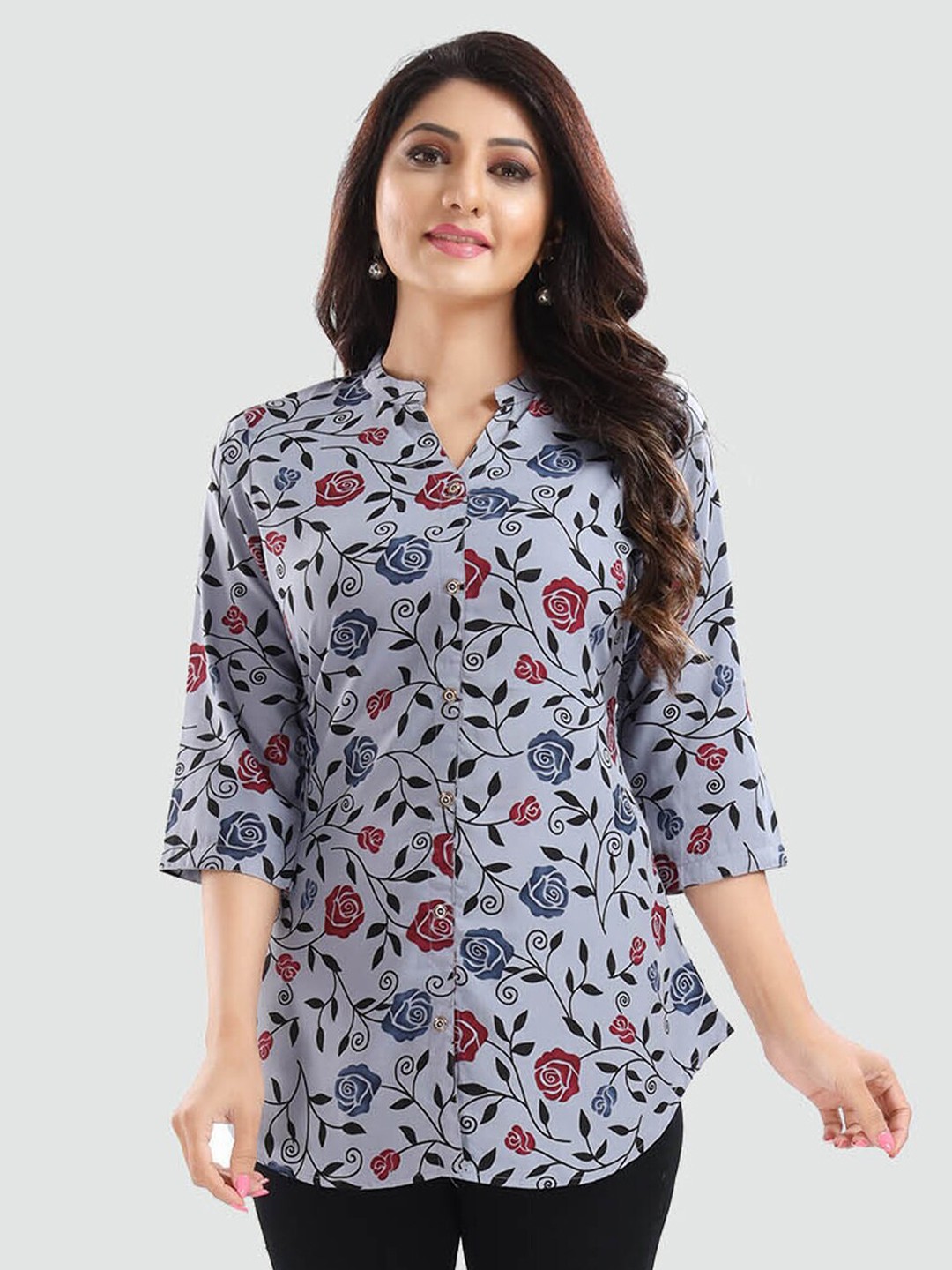 

Saree Swarg Grey & Pink Mandarin Collar Printed Tunic