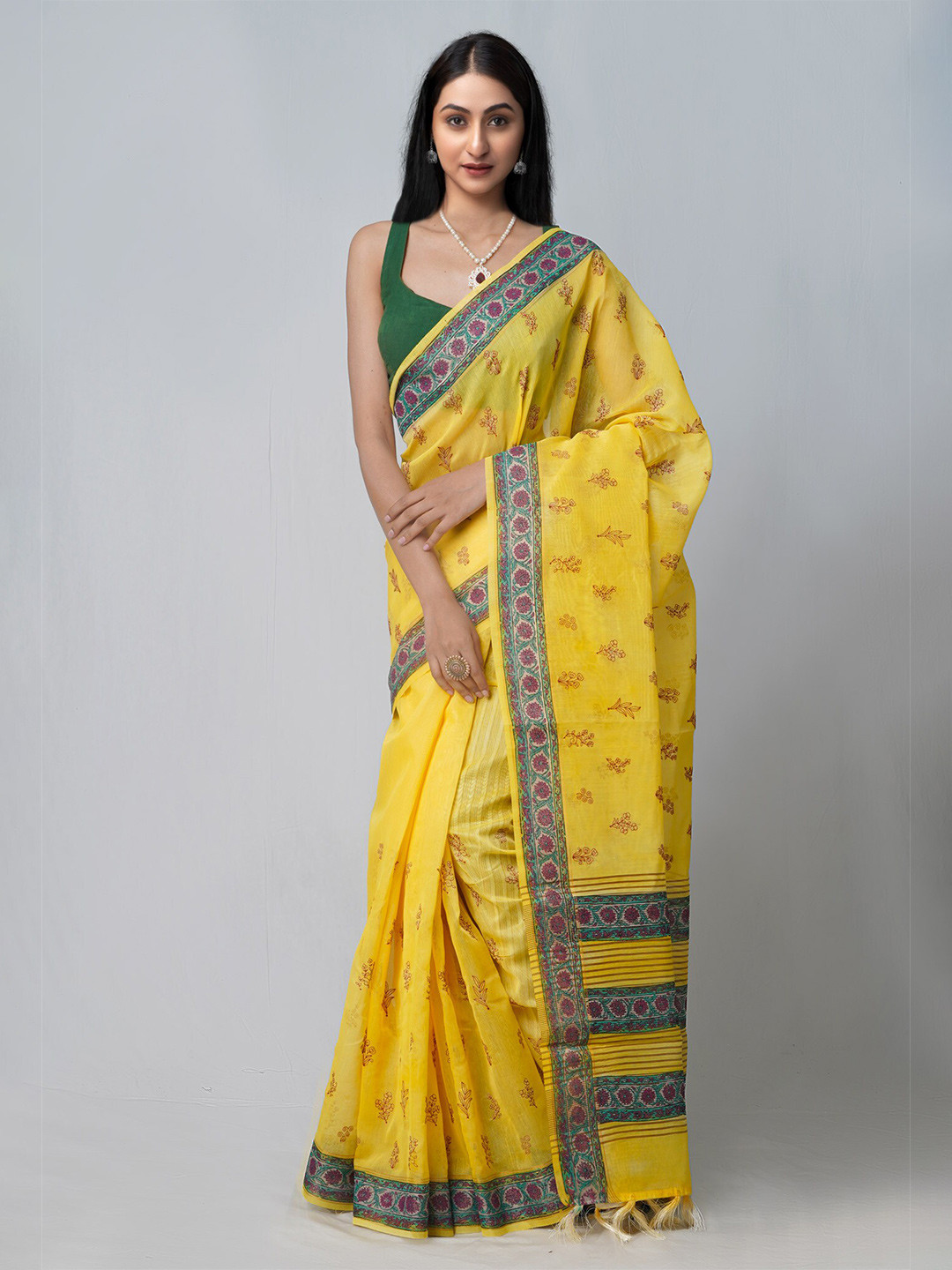 

Unnati Silks Yellow & Green Ethnic Motifs Embroidered Silk Cotton Banarasi Saree