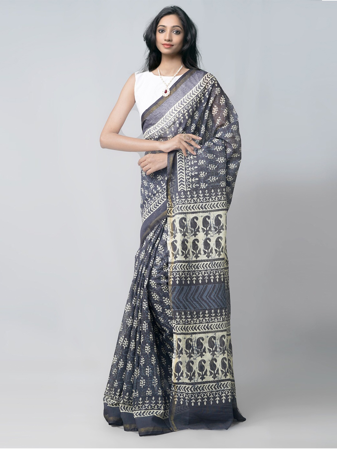 

Unnati Silks Navy Blue & White Batik Silk Cotton Chanderi Saree