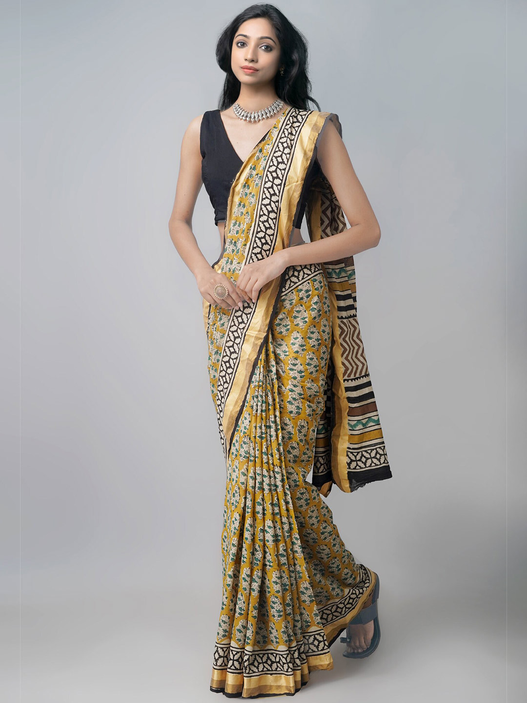 

Unnati Silks Yellow & Brown Floral Pure Cotton Handloom Sustainable Bagru Saree