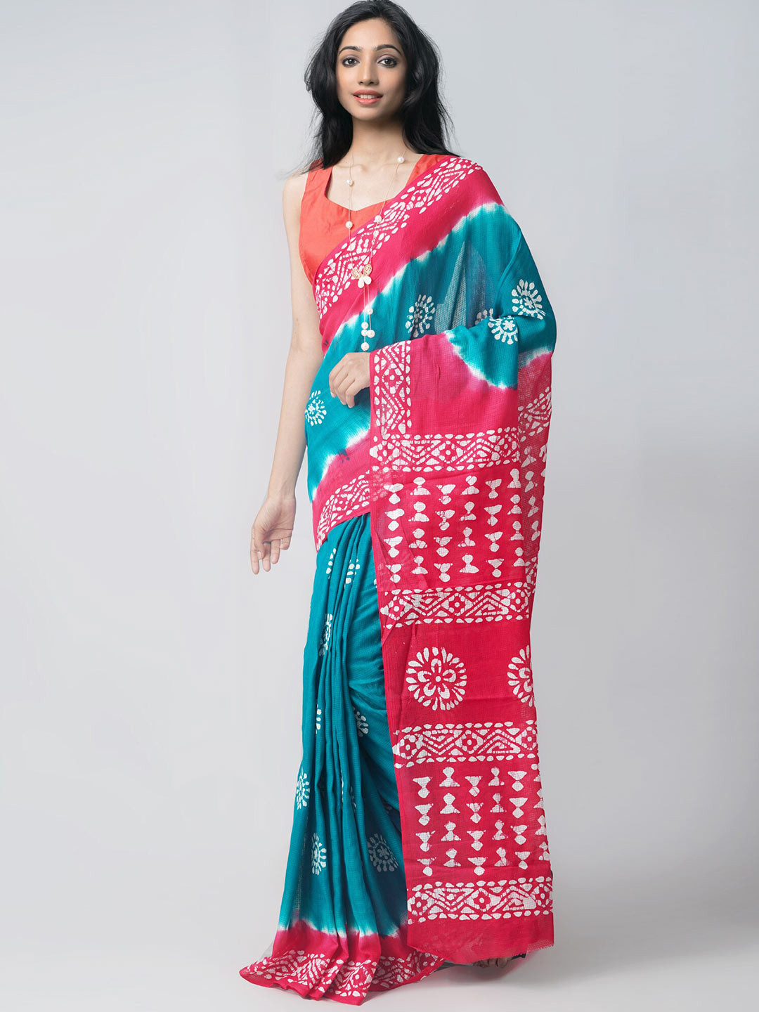 

Unnati Silks Green & Pink Batik Pure Cotton Kota Saree