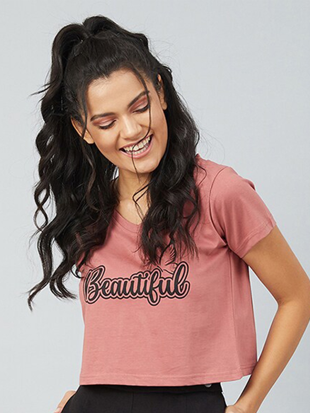 

CHIMPAAANZEE Women Pink Typography Regular 100% Cotton Crop T-shirt