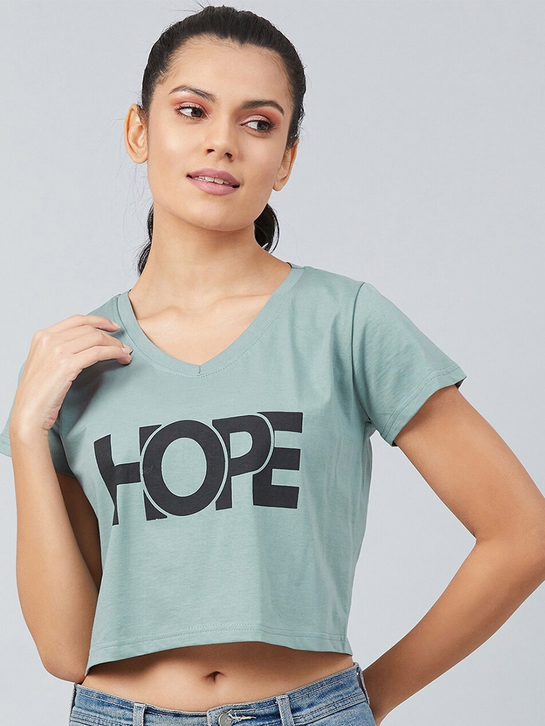 

CHIMPAAANZEE Women Green Typography Printed V-Neck 100% Cotton Crop T-shirt