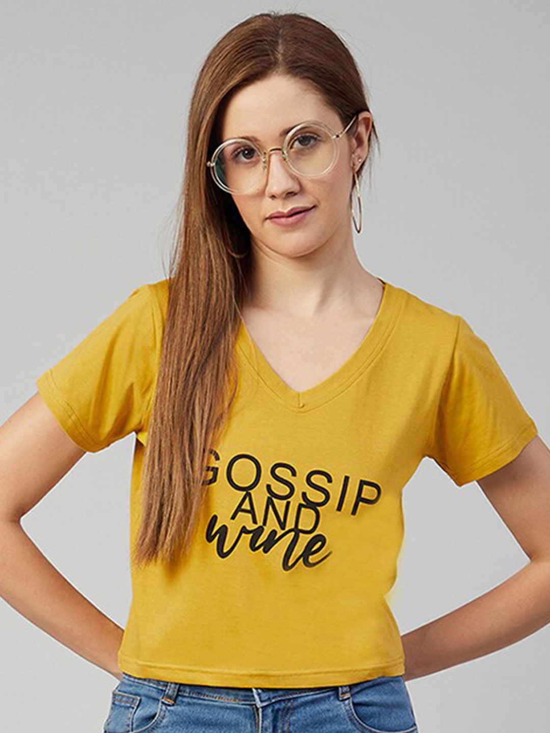 

CHIMPAAANZEE Women Yellow Typography Printed V-Neck Crop T-shirt