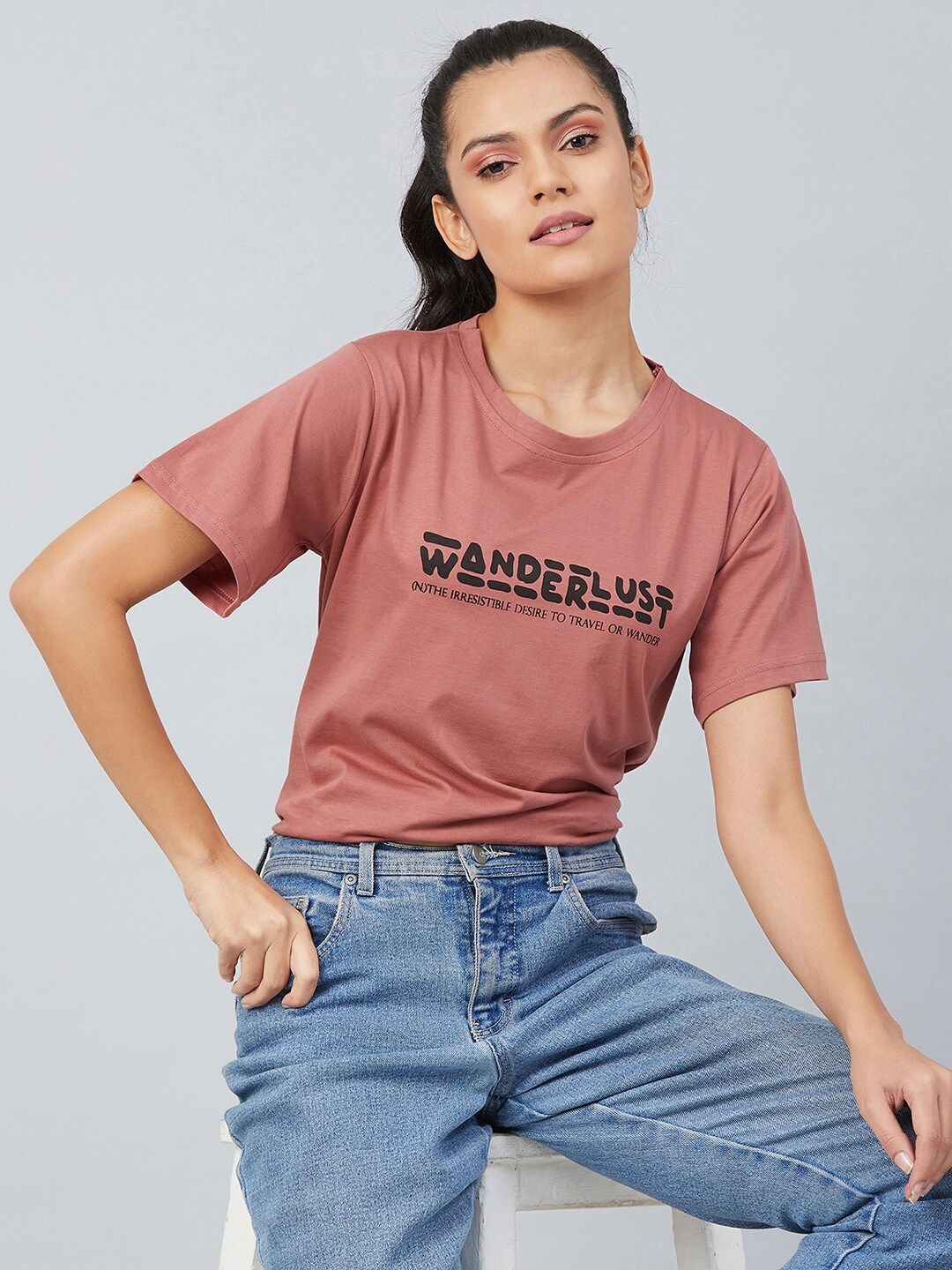 

CHIMPAAANZEE Women Rose Typography Printed Pure Cotton T-shirt