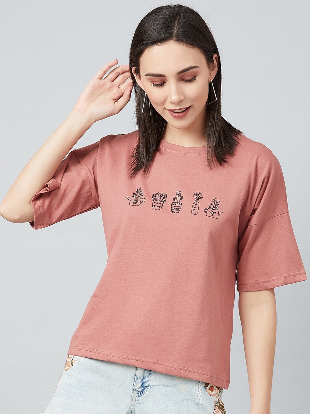 

CHIMPAAANZEE Women Pink Printed Drop-Shoulder Sleeves T-shirt