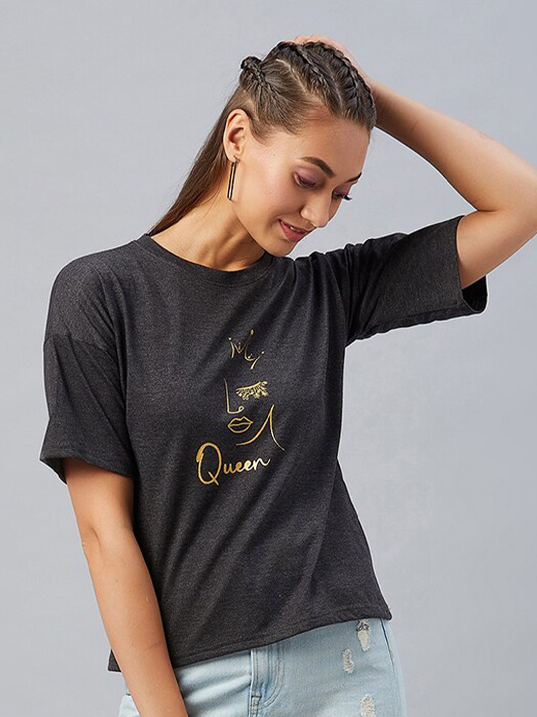 

CHIMPAAANZEE Women Black Printed Extended Sleeves Pure Cotton T-shirt