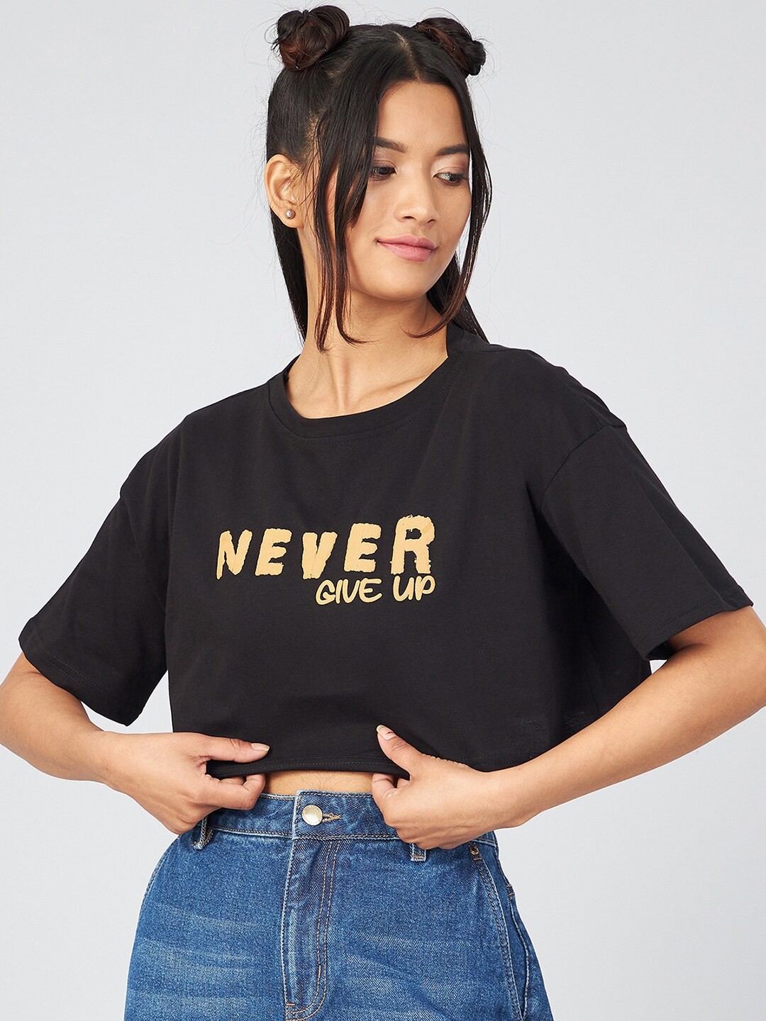 

CHIMPAAANZEE Women Black Typography Printed Oversized T-shirt