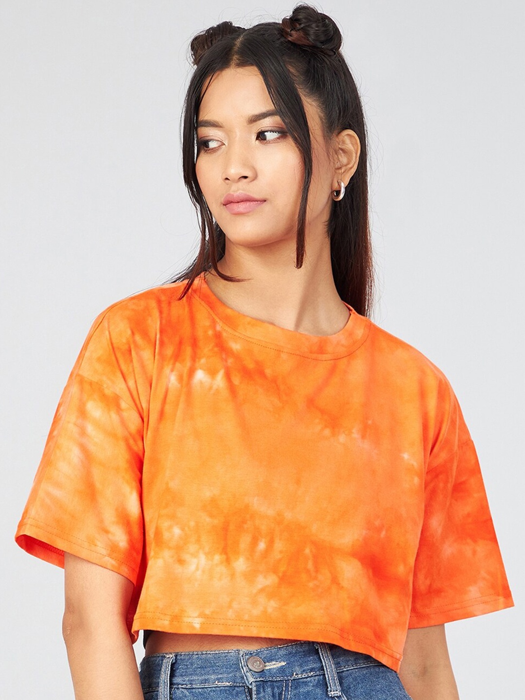 

CHIMPAAANZEE Women Orange Dyed Drop-Shoulder Sleeves 100% Cotton Oversized T-shirt