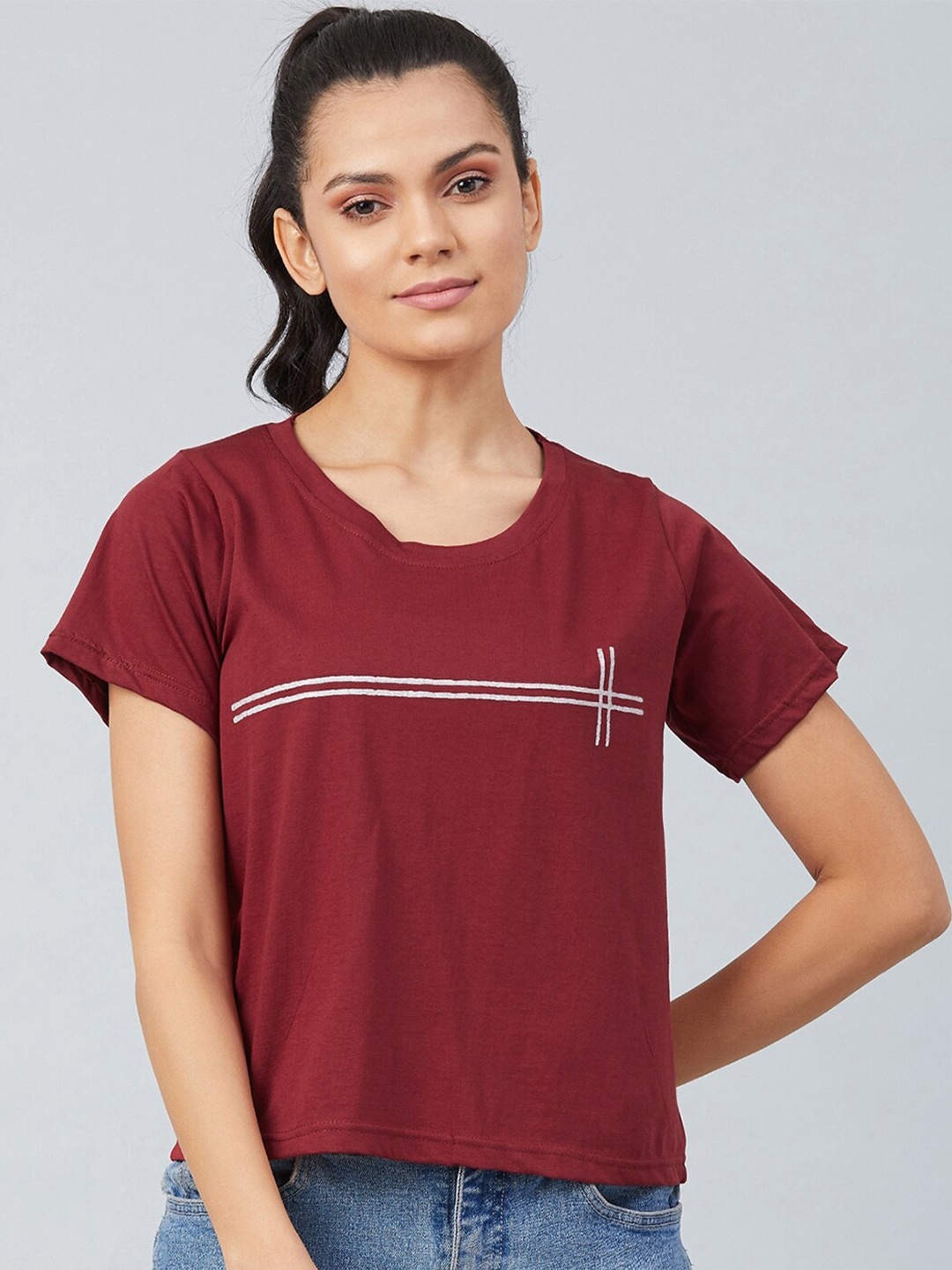 

CHIMPAAANZEE Women Maroon Solid Pure Cotton T-shirt