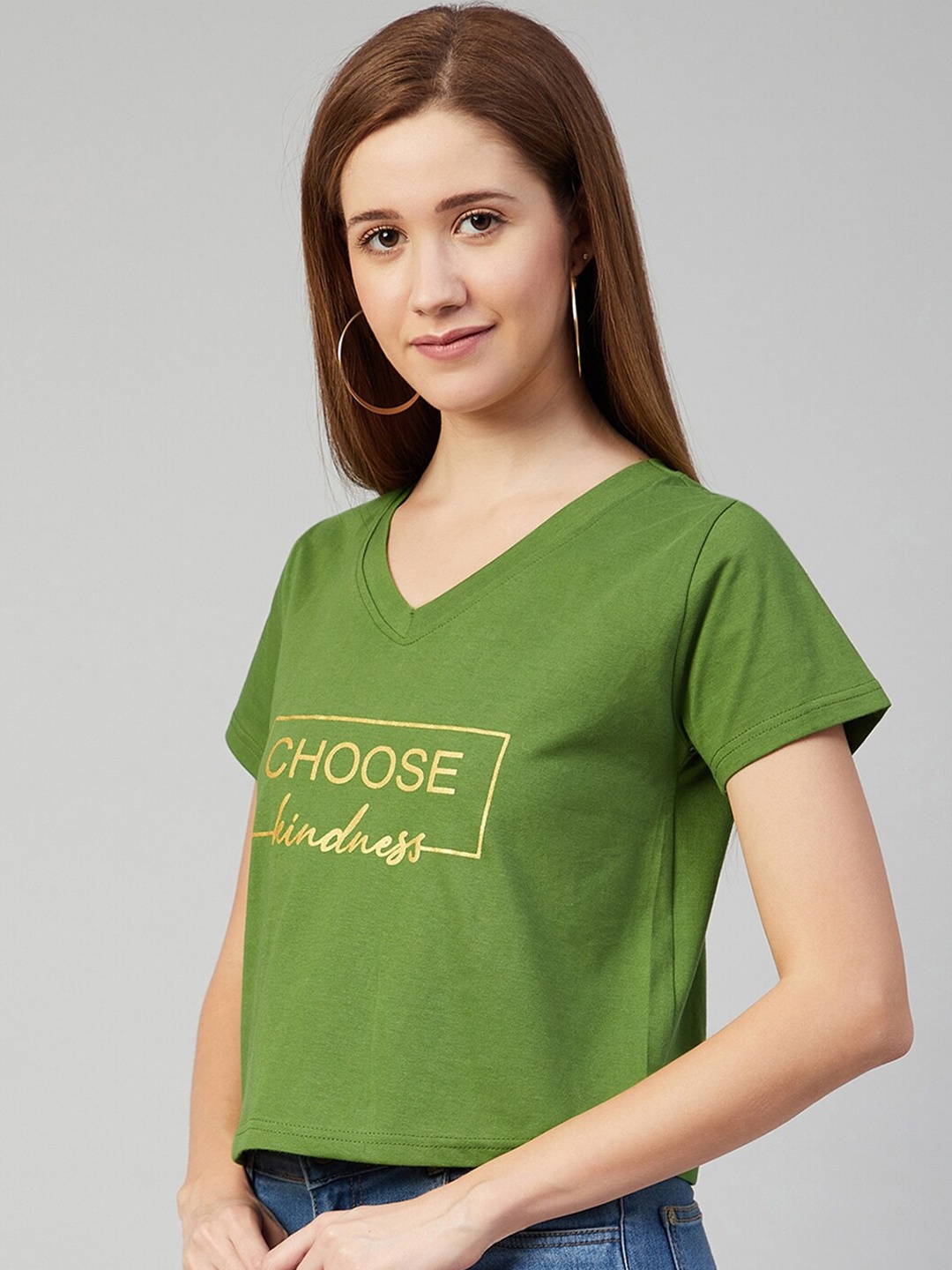 

CHIMPAAANZEE Women Green Typography Printed V-Neck T-shirt